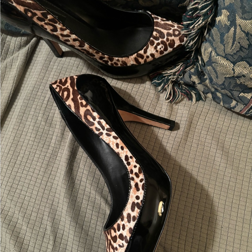 White House Black Market black patent with leopard trim heels